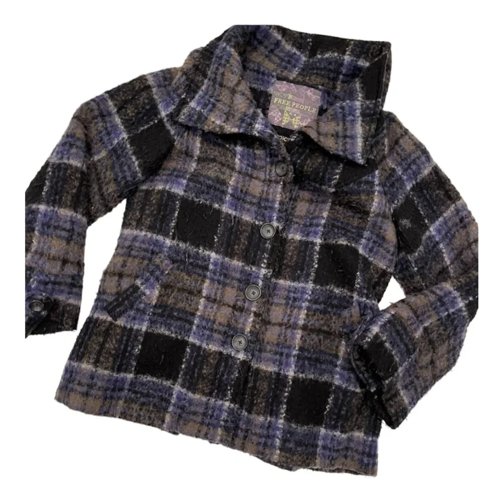 FREE PEOPLE Brushed Wool Fuzzy  Plaid Coat Blue Purple Medium